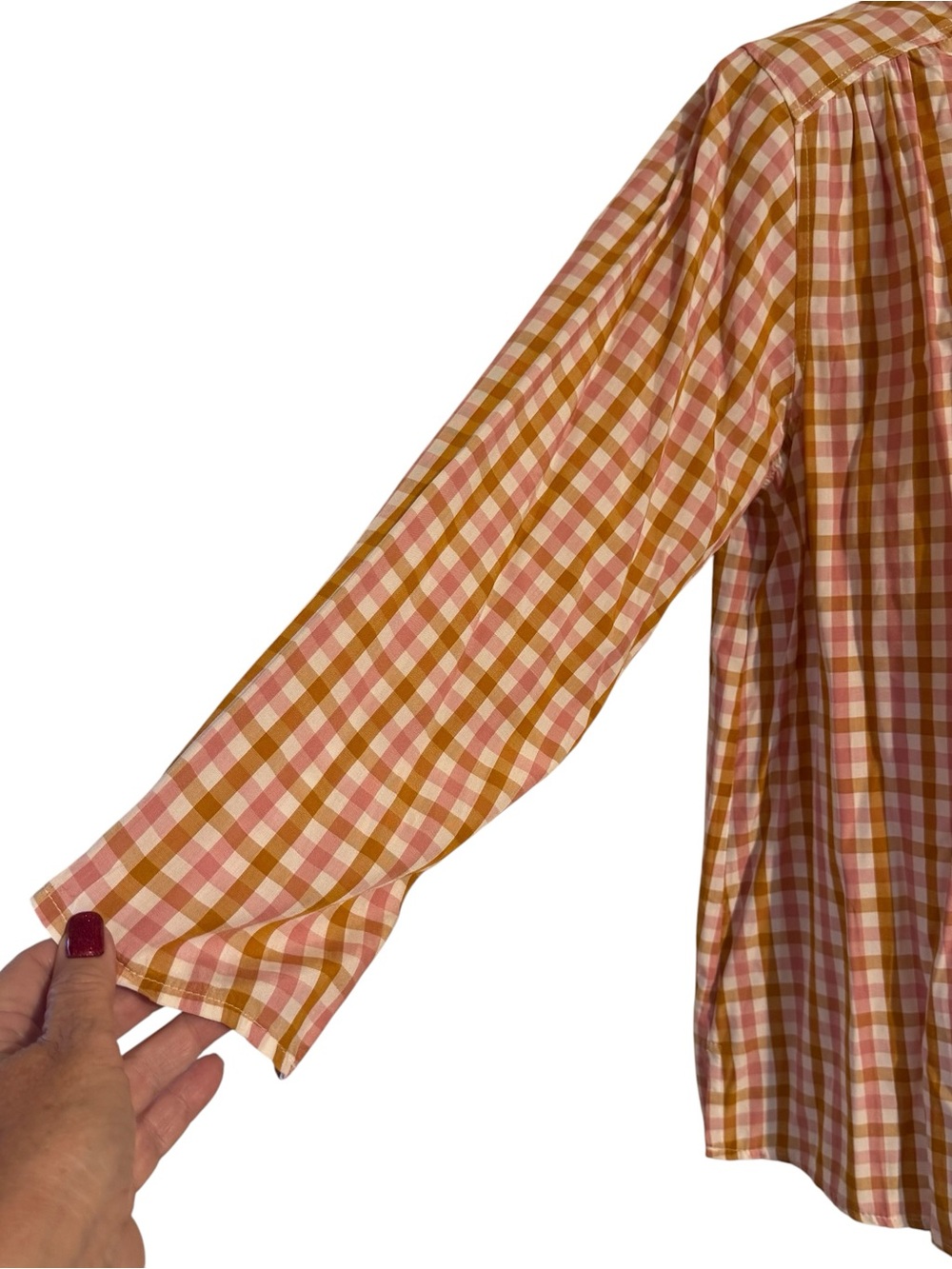 NWT Old Navy Pink/Tan Plaid Tie-Neck Top MEDIUM #G - Picture 3 of 11